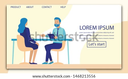 Interview, Negotiation, Meeting Flat Landing Page Mockup. Cartoon Man and Woman Characters Having Business Conversation. HR Manager and Job Seeker Sitting at Office Table. Vector Illustration