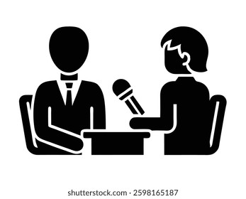 Interview, news anchor, journalist, talk show, microphone, studio, desk, silhouette, black and white, icon, graphic design, minimalist, professional, media, broadcasting, conversation, television,