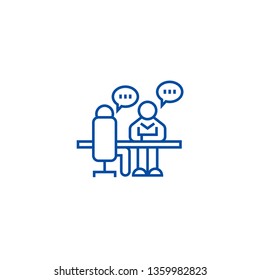 Interview, office discussion line icon concept. Interview, office discussion flat  vector symbol, sign, outline illustration.