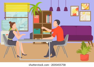 Interview für Bürojob, Vektorgrafik. Geschäftsangestellte arbeiten für Einstellungspersonal, Einstellungspersonal für eine flache Karriere im Unternehmen.