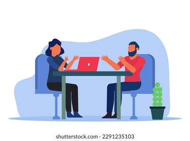 Interview in the office, a woman at a computer talking to a man. Get a prestigious job. Business vector illustration concept