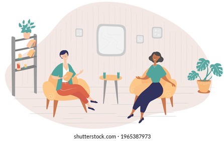 Interview on TV and on the Internet. Presenter talks to guest of show. Young women sit in armchairs and communicate. Vector flat hand drawn illustration