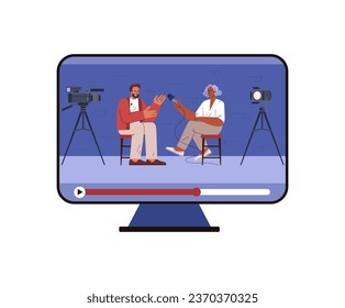 Interview in online broadcasting or television show, flat vector illustration isolated on white background. Computer screen with journalist conducting interview.