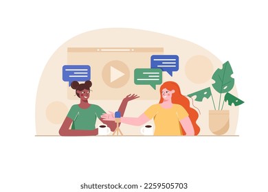 Interview orange concept with people scene in the flat cartoon design. Famous person gives an interview on one of the TV channel. Vector illustration.