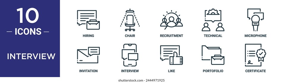 interview outline icon set includes thin line hiring, chair, recruitment, technical, microphone, invitation, interview icons for report, presentation, diagram, web design