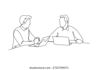 Discusión del panel de entrevistas. Reclutamiento Online y offline Concepto. Diseño de dibujo de línea única. Ilustración gráfica de Vector