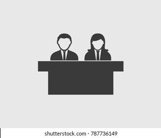 Interview Panel Icon with desk on gray background. 