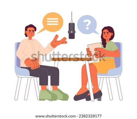 Interview podcast cartoon flat illustration. Indian young adult woman interviewer asking question interviewee man 2D characters isolated on white background. Host guest talks scene vector color image