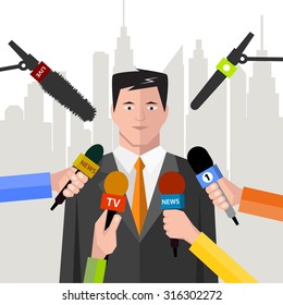 interview  politician before a microphone. flat style