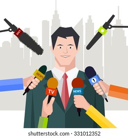 interview  politician before a microphone. flat style