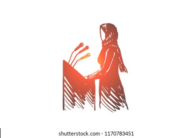 Interview, politics, hijab, woman, speaker, Arab concept. Hand drawn muslim woman on presentation concept sketch. Isolated vector illustration