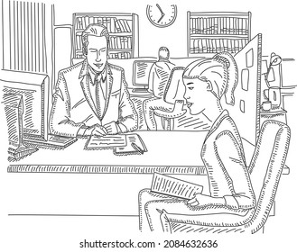 Interview potential employee in the office  - sketchy hand-drawn vector illustration. 