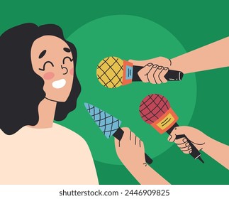 Interview press conference microphone banner concept. Vector flat graphic design illustration