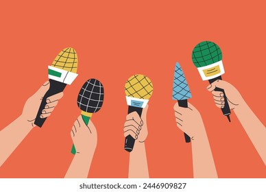 Concepto de Anuncio de micrófono de conferencia de prensa. Ilustración de Diseño gráfico plano de Vector