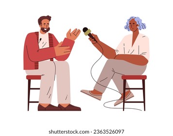 Interview process, smiling woman holding microphone, speaker man flat style, vector illustration isolated on white background. Decorative design element, profession and communication, media