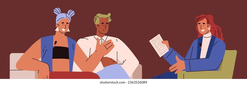 Proceso de entrevista, periodista mujer con estilo plano de papel, ilustración vectorial sobre fondo marrón. Elemento de diseño decorativo, comunicación, jóvenes parlantes sonrientes, medios