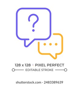 Interview question two color line icon. Chat bubbles and question mark bicolor outline symbol. Business communication. Asking question. Duotone linear pictogram. Isolated illustration. Editable stroke