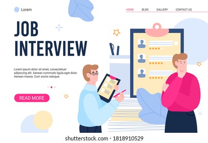 Interview scene with candidate and recruiter cartoon character, flat vector illustration. Site interface or landing page template for a recruiting agency.