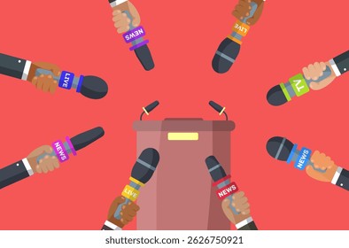 Interview scene with journalist and microphone in social media post showing creative design for press freedom and expression rights on world event banner with camera and live broadcast concept

