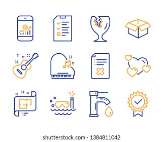 Interview, Scuba diving and Fragile package icons simple set. Smartphone statistics, Heart and Guitar signs. Architectural plan, Piano and Reject file symbols. Line interview icon. Colorful set