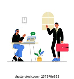 Interview Session Between Male Employer And Male Candidate In Flat Vector Illustration Symbolizing Recruitment, Job Application, And Hiring Process.