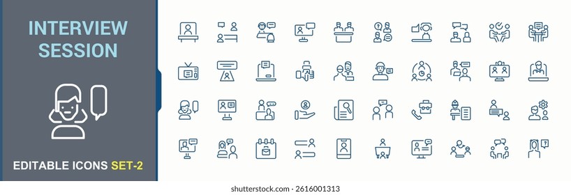 Interview Session icon collection. Included job, meet, resume, hiring, employment and more. Interview vector line icon set. Minimal linear icons. Pixel perfect. Editable stroke.