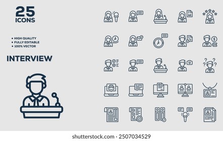 Interview set of 25 outline icons related to Fitness. Linear icon collection. Editable stroke. Vector illustration