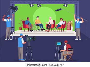 Interview set semi flat vector illustration. Asking questions. Intervier talking with man in wheelchair. Television show creation. Chromakey background. 2D character scenery for commercial use