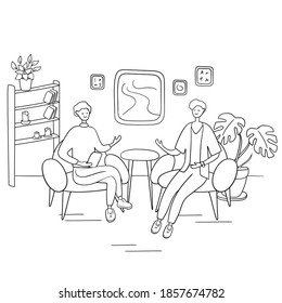 Interview show. Interviewer asks young man questions. Two men sit on chairs and talk. Hand drawn vector illustration in cartoon style