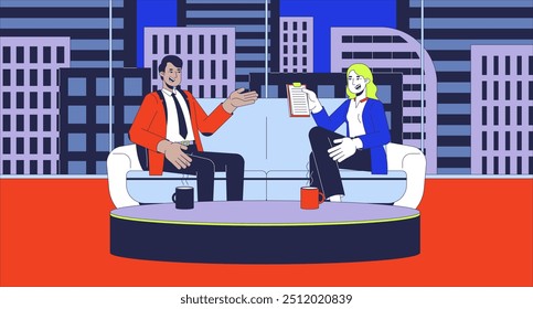 Interview show on TV flat illustration. Interviewer asking questions interviewee 2D characters cartoon background. Cable television production. Broadcasting program scene vector storytelling image