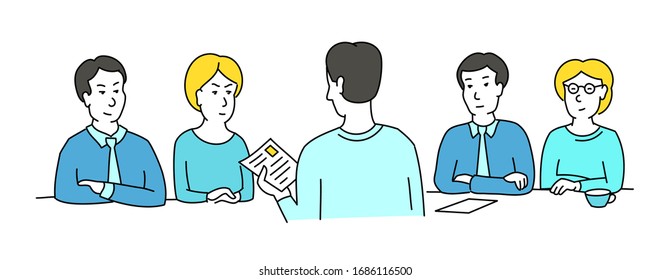 Interview sketch. Talking with a job applicant. Male recruiter hired, reading resume. Vector illustration.