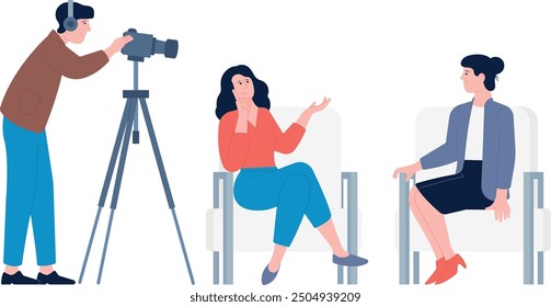 Interview studio. Operator with video camera shooting women talking