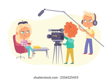 Interview talk show with celebrity and backstage team set vector illustration. Cartoon isolated girl speacker sitting in chair, talking in front of recording video makers crew in television studio.