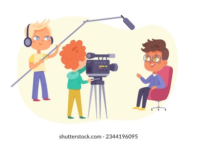 Interview talk show with celebrity and backstage team set vector illustration. Cartoon isolated boy speacker sitting in chair, talking in front of recording video makers crew in television studio.