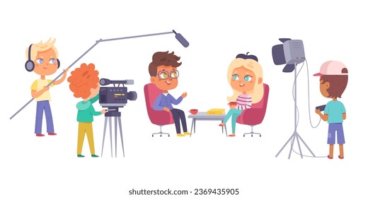 Interview talk show with celebrity and backstage team set vector illustration. Cartoon isolated guest and host sitting in chairs, talking in front of recording video makers crew in television studio