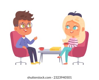 Entrevista y talk show con ilustración vectorial de personajes famosos. Dibujo de niños aislados sentados en sillas en la mesa en la reunión, conversación y discusión entre pequeños invitados y oradores