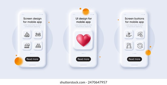 Interview, Teamwork and Budget accounting line icons pack. 3d phone mockups with heart. Glass smartphone screen. Freezing, Organic tested, People communication web icon. Vector