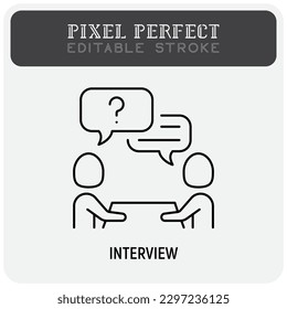 Interview thin line icon. Employment, hr, meeting, one person answers the questions. Editable stroke. Vector illustration.