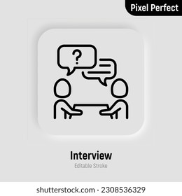 Interview thin line icon. Employment, hr, meeting, one person answers the questions. Editable stroke. Vector illustration.