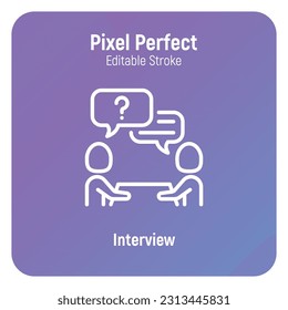 Interview thin line icon. Employment, hr, meeting, one person answers the questions. Editable stroke. Vector illustration.