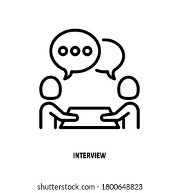 Interview thin line icon. Two people sitting at the desk and talking. Business meeting, recruitment. Vector illustration.