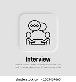 Interview thin line icon. Two people sitting at the desk and talking. Business meeting, recruitment. Vector illustration.