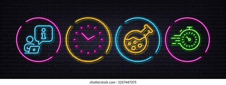 Iconos mínimos de línea de entrevista, Time and Chemistry lab. Luces 3d láser neón. Iconos de temporizador. Para web, aplicación, impresión. Encuentro en línea, Reloj, Laboratorio. Gestión de plazos. Vector