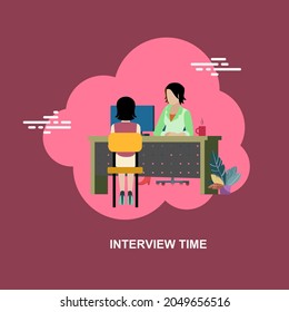 Interview time with young lady sitting and giving answers to the interview asked by a person flat concept design