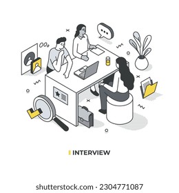 Interview. Two managers conducting a job interview with a candidate seated at a table. Isometric illustration is perfect for marketing materials related to hiring, recruitment, and career development