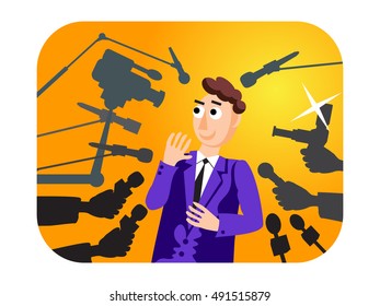 Interview. Vector illustration. Speaker man. Press conference. Hands with microphone. News. Live report, live news. Many hands of journalists with microphones and cameras.