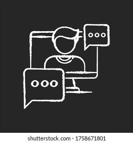 Interview video chalk white icon on black background. Journalist footage. Video call conversation. Live online conference. Internet chatting. Isolated vector chalkboard illustration