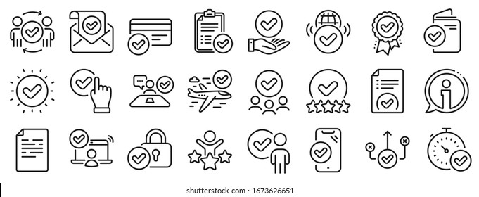 Interviewed, accepted document, right choice. Approve line icons. Quality check, protection, checklist icons. Guarantee document, accepted card, approve verification. Flight confirmed. Vector