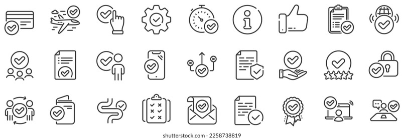 Interviewed, accepted document, right choice. Approve line icons. Quality check, protection, checklist icons. Guarantee document, accepted card, approve verification. Flight confirmed. Vector