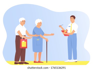 The interviewer asks questions to the older couple. Grandparents answer test questions. Sociological survey of passers-by. Survey of buyers interested in the product. Flat vector illustration.